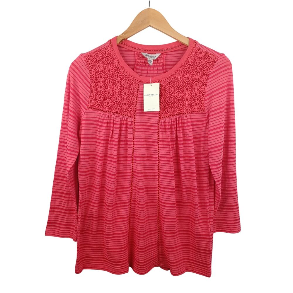 Lucky Brand Women Crochet Lace Boho Top Size‎ M Red Shadow Stripe Knit Festival